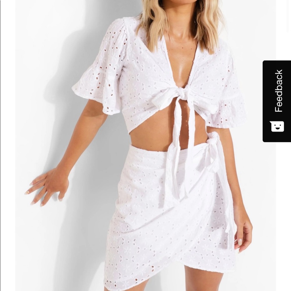 Boohoo Eyelet Knot Front Crop & Skirt Set